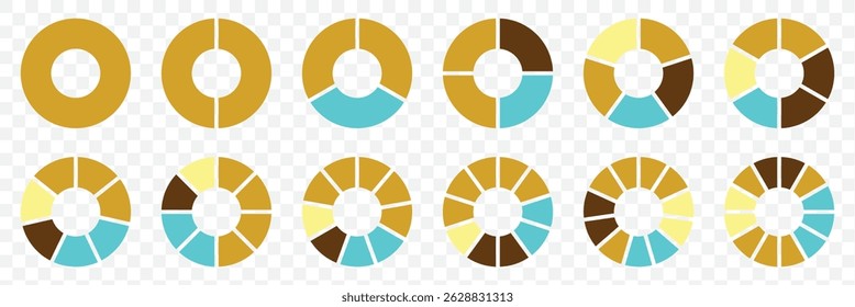 Pie chart set, segmented circle icons, circle diagram with sections or parts - vector on Transparent Background. EPS 10.