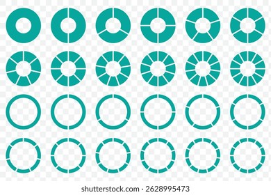 Conjunto de gráficos de pizza, ícones de círculo segmentado, diagrama de círculo com seções ou partes - vetor. Conjunto de gráfico de círculo infográfico, tortas segmentadas com partes iguais, Rodas divididas em onze seções. EPS 10.