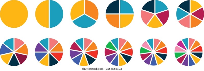 Pie chart set, segmented circle icons, circle diagram. Pie chart divided Circle diagram collection. Vector illustration.