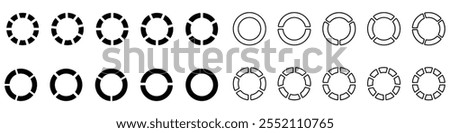 Pie chart set, segmented circle icons, circle diagram with sections or parts - vector. Circle divided diagram set. Graph icon pie shape section chart. 1, 2, 3, 10, 7, 8, graph icon pie shape section.