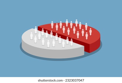 Pie chart showing people are split into 50 50 percent in survey and census. Vector illustration depicts concept of different group, equal tally, demographic, same result, and opposite team. 