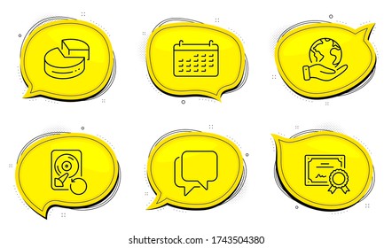 Pie chart sign. Diploma certificate, save planet chat bubbles. Recovery hdd, Calendar and Talk bubble line icons set. Backup info, Business audit, Chat message. 3d graph. Education set. Vector