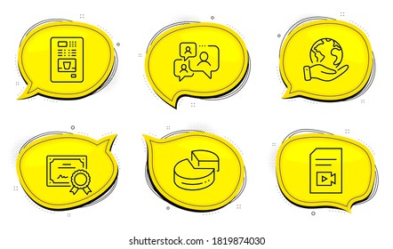 Pie chart sign. Diploma certificate, save planet chat bubbles. Video file, Coffee vending and Support chat line icons set. Vlog page, Coffee vending machine, Comment bubble. 3d graph. Vector