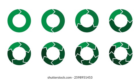 Pie chart signs and symbol set collection on white background. Circular pie chart infographic with segmented data visualization for statistical analysis and business insights.  Pie chart round. Wedge.