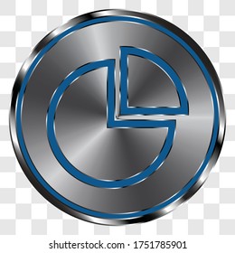 Pie Chart simple icon on metal round button. Transparent grid