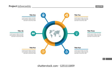 Pie chart with six elements. Infographic circle, option diagram, layout. Creative concept for infographics, presentation, project, report. Can be used for topics like business, marketing, finance.