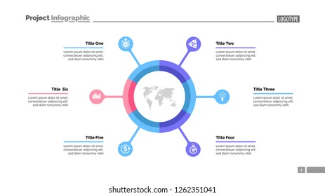 Pie chart with six elements. Infographic circle, option diagram, layout. Creative concept for infographics, presentation, project, report. Can be used for topics like business, marketing, finance.