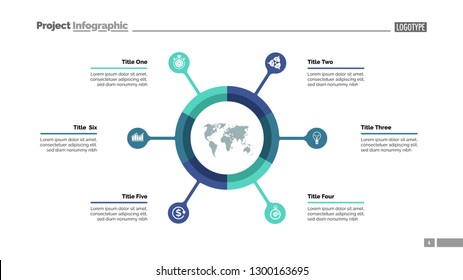 Pie chart with six elements. Infographic circle, option diagram, layout. Creative concept for infographics, presentation, project, report. Can be used for topics like business, marketing, finance.