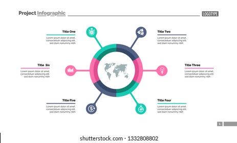 Pie chart with six elements. Infographic circle, option diagram, layout. Creative concept for infographics, presentation, project, report. Can be used for topics like business, marketing, finance.