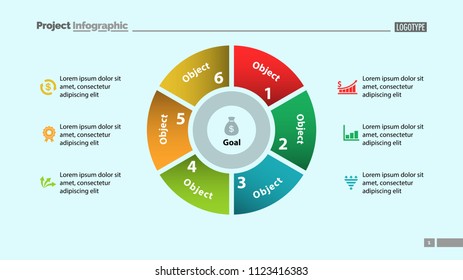 Pie chart with six parts template. Business data. Diagram, infographic, design. Creative concept for infographic, template, presentation. Can be used for topics like management, marketing, analysis.