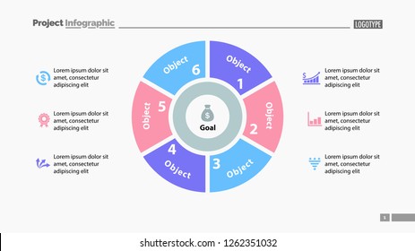 Pie chart with six parts template. Business data. Diagram, infographic, design. Creative concept for infographic, template, presentation. Can be used for topics like management, marketing, analysis.