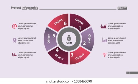 Pie chart with six parts template. Business data. Diagram, infographic, design. Creative concept for infographic, template, presentation. Can be used for topics like management, marketing, analysis.