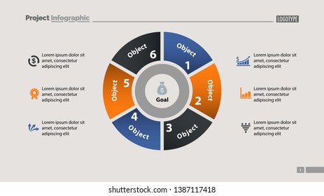 Pie chart with six parts template. Business data. Diagram, infographic, design. Creative concept for infographic, template, presentation. Can be used for topics like management, marketing, analysis.