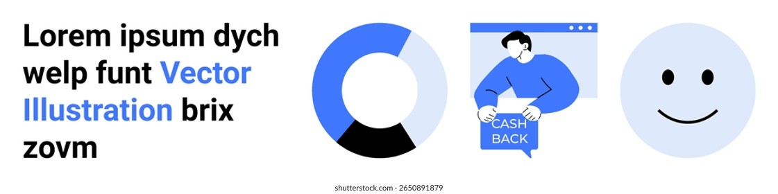 Pie chart, smiling face, man holding cash back sign in blue. Ideal for business presentations, financial reports, e-commerce, marketing, data analysis, customer feedback, educational materials