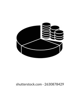 Diagrama circular dividido en pilas de monedas para análisis financiero y distribución