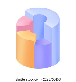 Pie chart with stages of purple, yellow, red and blue 3D icon. Four pieces of infographic ring diagram 3D vector illustration on white background. Visualization, business project model concept