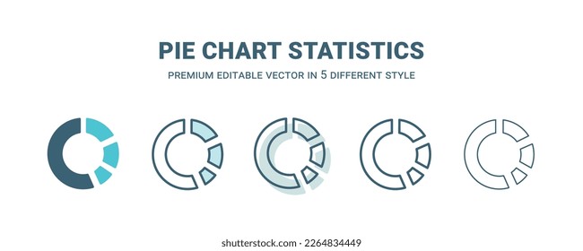 pie chart statistics icon in 5 different style. Outline, filled, two color, thin pie chart statistics icon isolated on white background. Editable vector can be used web and mobile

