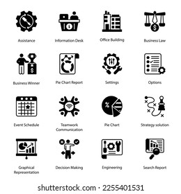 Gráfico circular, solución estratégica, asistencia, mesa de información, edificio de oficinas, derecho de negocios, calendario de eventos, comunicación de trabajo en equipo, representación gráfica, iconos glifos - sólido, vectores