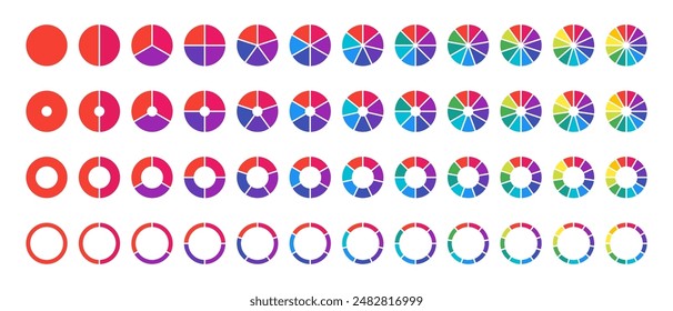 Pie chart symbol set. Colorful wheel diagram icon  collection with sections or steps. Circle icons for infographic, UI, web design, business presentation. Vector EPS 10