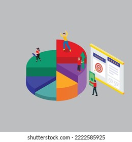 Pie chart and teamwork to achieve business goals isometric 3d vector illustration concept for banner, website, illustration, landing page, flyer, etc.
