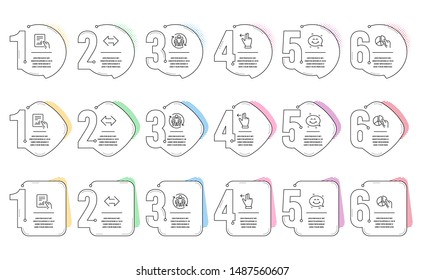 Pie chart, Teamwork and Document line icons set. Infographic timeline. Smile chat, Sync and Touchscreen gesture signs. Presentation graph, Employees change, File with diagram. Happy emoticon. Vector
