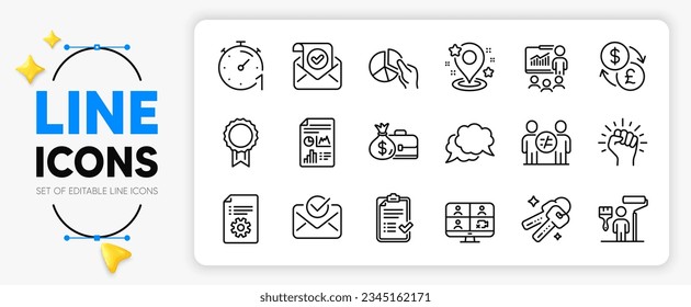 El gráfico circular, la documentación técnica y los iconos de línea de teclas establecidos para la aplicación incluyen el icono delgado Informe, Empower, Esquema de cambio de divisas. Icono de pictograma de presentación, temporizador, correo confirmado. Vector