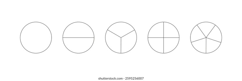 Pie chart template from 1 to 5. Segmented charts. Many number of sectors divide the circle on equal parts. Outline black graphics. Pizza charts set. Segments minimal infographic. Diagram wheel parts.