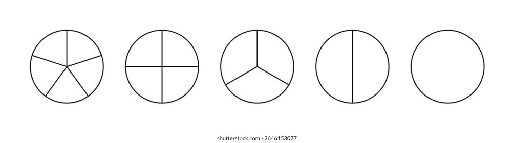 Pie chart template from 1 to 5. Set of pizza charts. Diagram wheel parts. Segmented charts.