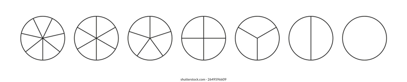 Pie chart template from 1 to 7. Collection of pizza charts. Diagram wheels. Set of segmented round charts.