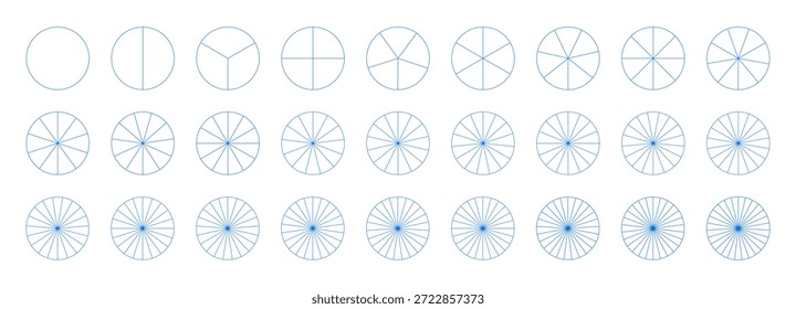 Plantilla de gráfico circular. Diagrama de piezas de rueda de 1 a 27. Gráficos segmentados. Muchos sectores dividen el círculo en partes iguales. Esquema de gráficos azules. Gráficos de pizza. Conjunto de iconos de infografía de segmentos.