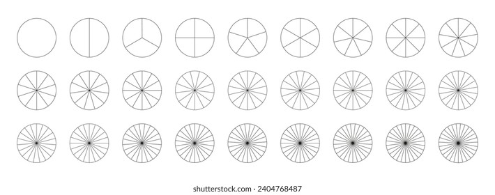Pie chart template. Segmented charts collection. Many number of sectors divide the circle on equal parts. Outline black graphics. Set of pizza charts. Vector segments infographic. Diagram wheel parts. svg