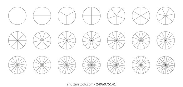 Pie chart template. Segmented charts. Sectors divide the circle on equal parts. Coaching blank. Outline black graphics. Set of pizza, pie charts. Segments infographic. Diagram wheel parts from 1 to 21