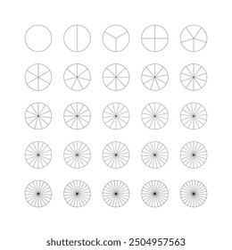Pie chart template. Segmented pizza charts. Many number of sectors divide the circle on equal parts. Outline black graphics. Segments infographic. Diagram wheel parts.