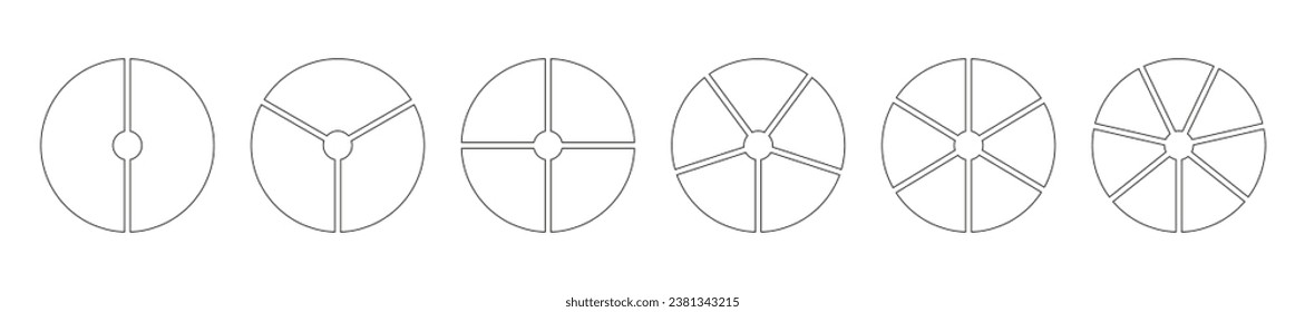 Plantillas de gráfico circular. Círculo dividido en 2, 3, 4, 5, 6, 7 rebanadas iguales. Gráfico de líneas gráficas. Diagramas de ruedas con dos, tres, cuatro, cinco, seis, siete sectores. Esquema de gráfico o gráfico circular segmentado. Iconos del vector