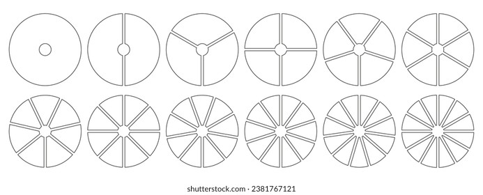 Pie chart templates. Circle divided on 1, 2, 3, 4, 5, 6, 7, 8, 9, 10, 11, 12 equal slices. Wheel diagrams with one, two, three, four, five, six, seven, eight, nine, ten, eleven, twelve sectors. Vector