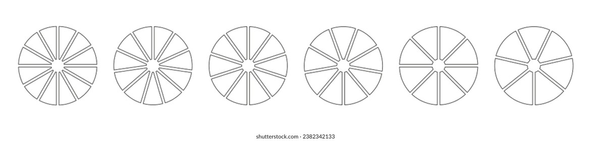 Pie chart templates. Circle divided on 12, 11, 10, 9, 8, 7 equal slices. Graph line art. Wheel diagrams with twelve, eleven, ten, nine, eight, seven sectors. Outline donut chart, pie segmented. Vector