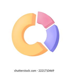 Gráfico circular con tres secciones o secciones icono 3D. Gráfica redonda de burros con piezas de información 3D vectorial de color púrpura, rojo y amarillo sobre fondo blanco. Presentación de marketing, concepto de esquema de datos