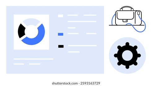 Pie chart with three segments, data listings, briefcase with tangled cables, and gear icon. Ideal for business analysis, project management, workflow optimization, technical settings, business