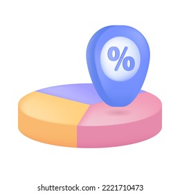Gráfico circular con tres cortes y anclaje con un icono 3D de signo porcentual. Diagrama de círculo infográfico de la ilustración vectorial 3D del informe de tasas de interés sobre fondo blanco. Presentación empresarial, concepto de finanzas