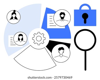 A pie chart with user profile icons represents data analysis. Includes a lock symbol for security and a magnifying glass for search. Ideal for data protection, cybersecurity, online privacy, user