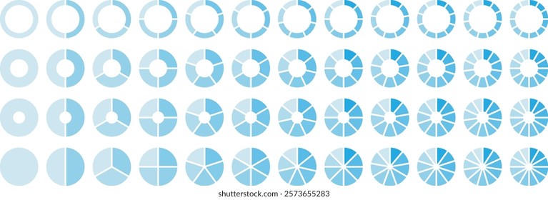 Pie chart vector. Circle pie chart diagram. 2,3,4,5,6,7,8,9,10,11,12 sections or steps. Flat process cycle. Pie chart set, Circle icons for infographic. Progress sectors