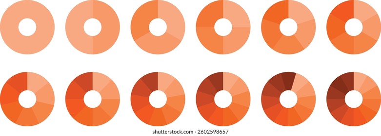 Pie chart vector. Circle diagram collection Colorful Pie chart divided 1, 3, 6, 9, 12 equal parts. Segmented circle icons for data, web design, banner with sections or parts. Pie infographic chart set