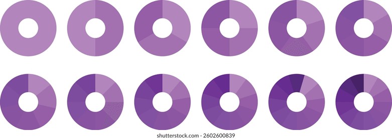 Pie chart vector. Circle diagram collection Colorful Pie chart divided 1, 3, 6, 9, 12 equal parts. Segmented circle icons for data, web design, banner with sections or parts. Pie infographic chart set