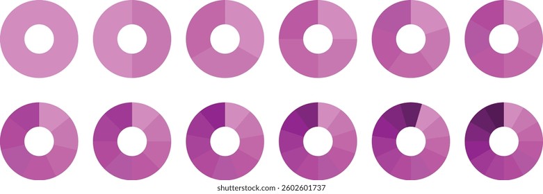 Pie chart vector. Circle diagram collection Colorful Pie chart divided 1, 3, 6, 9, 12 equal parts. Segmented circle icons for data, web design, banner with sections or parts. Pie infographic chart set