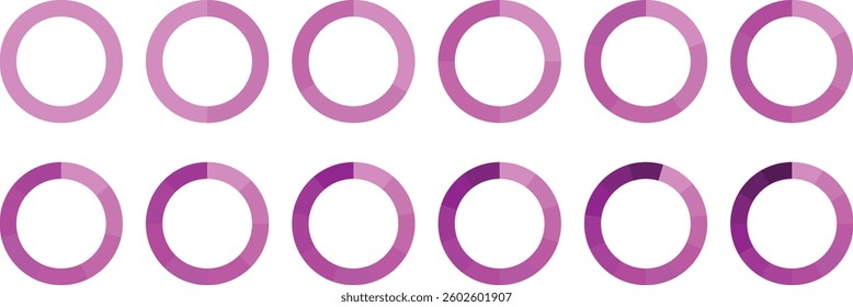 Pie chart vector. Circle diagram collection Colorful Pie chart divided 1, 3, 6, 9, 12 equal parts. Segmented circle icons for data, web design, banner with sections or parts. Pie infographic chart set