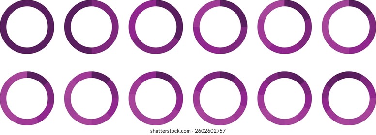 Pie chart vector. Circle diagram collection Colorful Pie chart divided 1, 3, 6, 9, 12 equal parts. Segmented circle icons. Infographic pie chart set