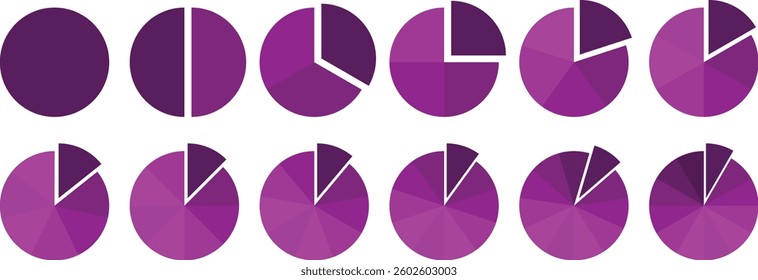 Pie chart vector. Circle diagram collection Colorful Pie chart divided 1, 3, 6, 9, 12 equal parts. Segmented circle icons. Infographic pie chart set