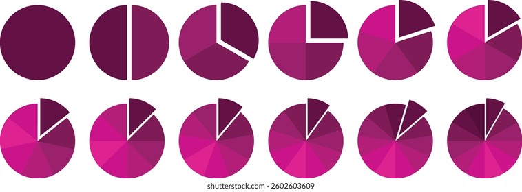 Pie chart vector. Circle diagram collection Colorful Pie chart divided 1, 3, 6, 9, 12 equal parts. Segmented circle icons. Infographic pie chart set