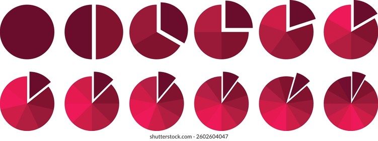 Pie chart vector. Circle diagram collection Colorful Pie chart divided 1, 3, 6, 9, 12 equal parts. Segmented circle icons. Infographic pie chart set
