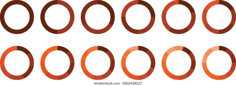 Pie chart vector. Colorful Pie chart divided 1, 3, 6, 9, 12 equal parts. Infographic. Segmented circle icons for data, web design, banner with sections or parts. Circle diagram set. Pie chart set. 